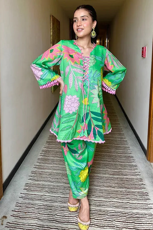 Feriha Green Floral Pakistani Kurta Set